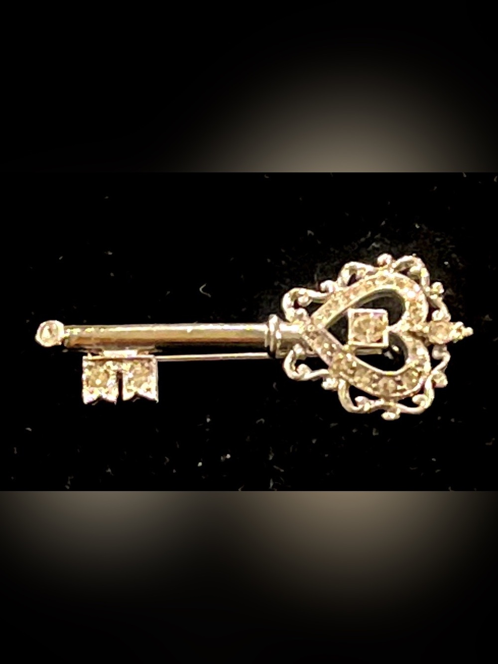 Vintage Signed ORA Rhinestone Skeleton Key Brooch • Ornate Victorian-Style